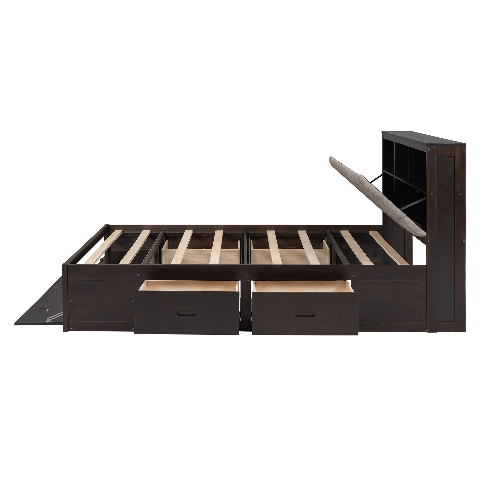 Dark wood platform bed with storage headboard, shoe rack and 4 drawers, slatted frame HouseOfZazla on Tampa Home & Garden Store