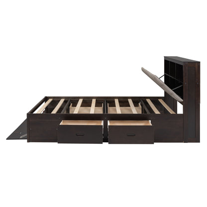 Dark wood platform bed with storage headboard, shoe rack and 4 drawers, slatted frame HouseOfZazla on Tampa Home & Garden Store