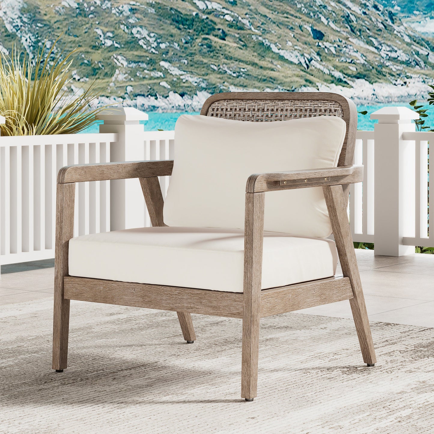 Outdoor acacia wood patio club chair with woven back and beige cushion by HouseOfZazla on Tampa Home & Garden Store