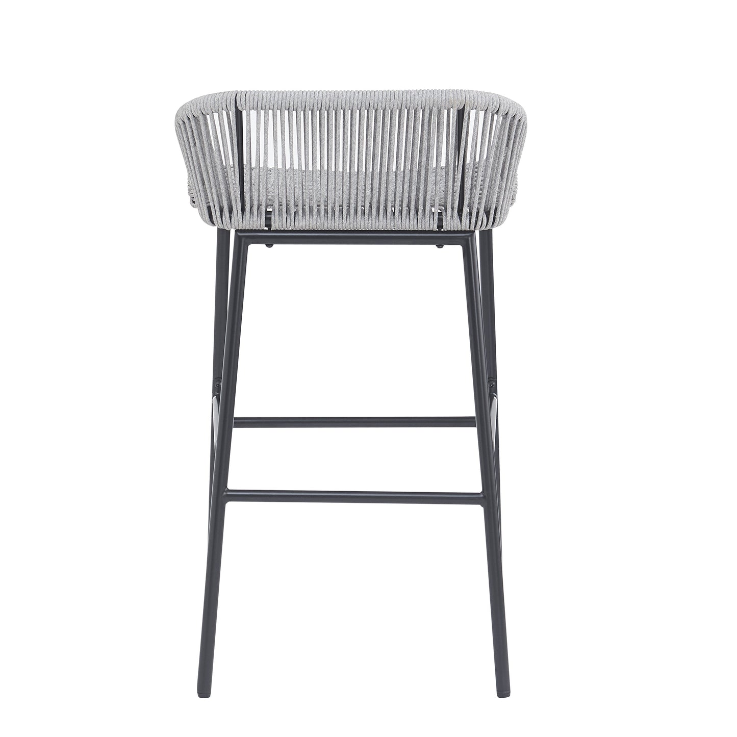 La Push outdoor rope bar stool pair in light gray with woven rope backrest and dark metal frame on Tampa Home & Garden Store