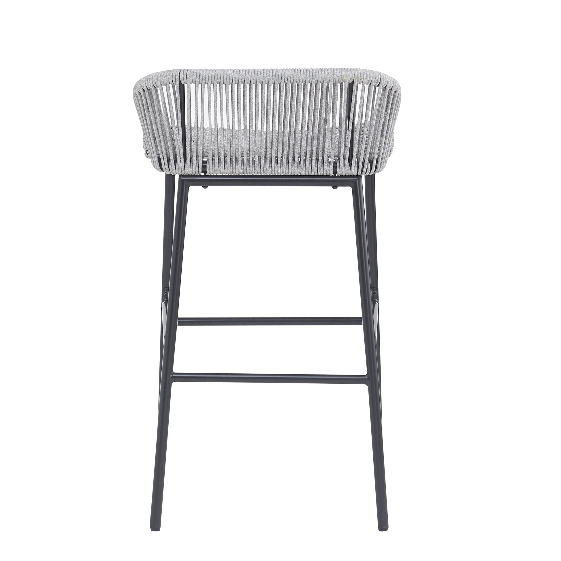La Push outdoor rope bar stool pair in light gray with woven rope backrest and dark metal frame on Tampa Home & Garden Store