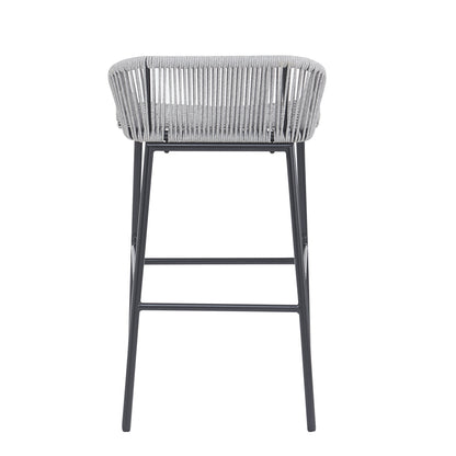 La Push outdoor rope bar stool pair in light gray with woven rope backrest and dark metal frame on Tampa Home & Garden Store