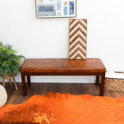 Antique brown upholstered bench with solid wood frame, classic design on Tampa Home & Garden Store
