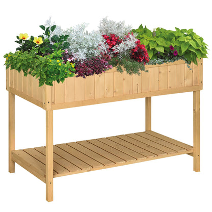 Outsunny 43in wooden raised garden bed with 8 pockets and shelf, overflowing with plants on Tampa Home & Garden Store