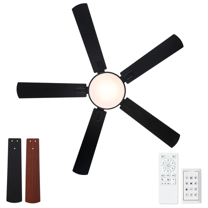 Flush Mount Ceiling Fan with LED light and remote; black blades, pearl-silver housing on Tampa Home & Garden Store