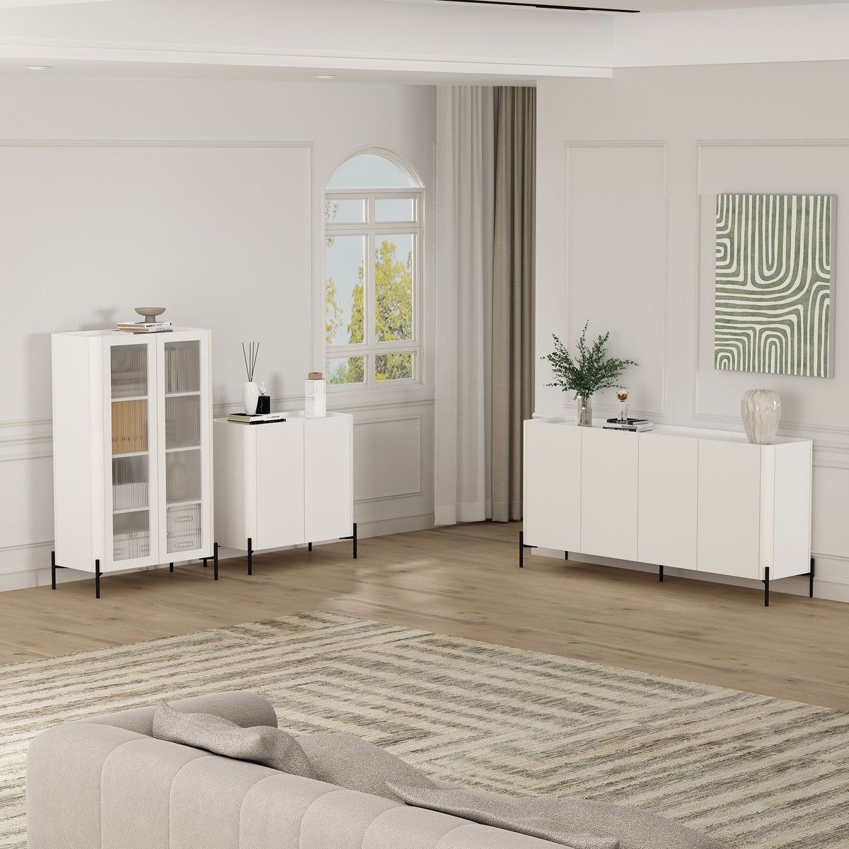 Abbey accent cabinet white with glass-front on black metal legs on Tampa Home & Garden Store