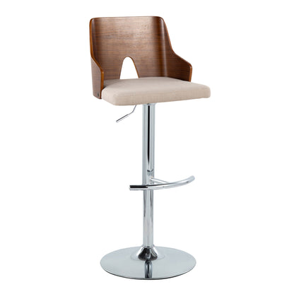 Mid-century modern adjustable barstool with swivel, wood back and beige cushion on Tampa Home & Garden Store