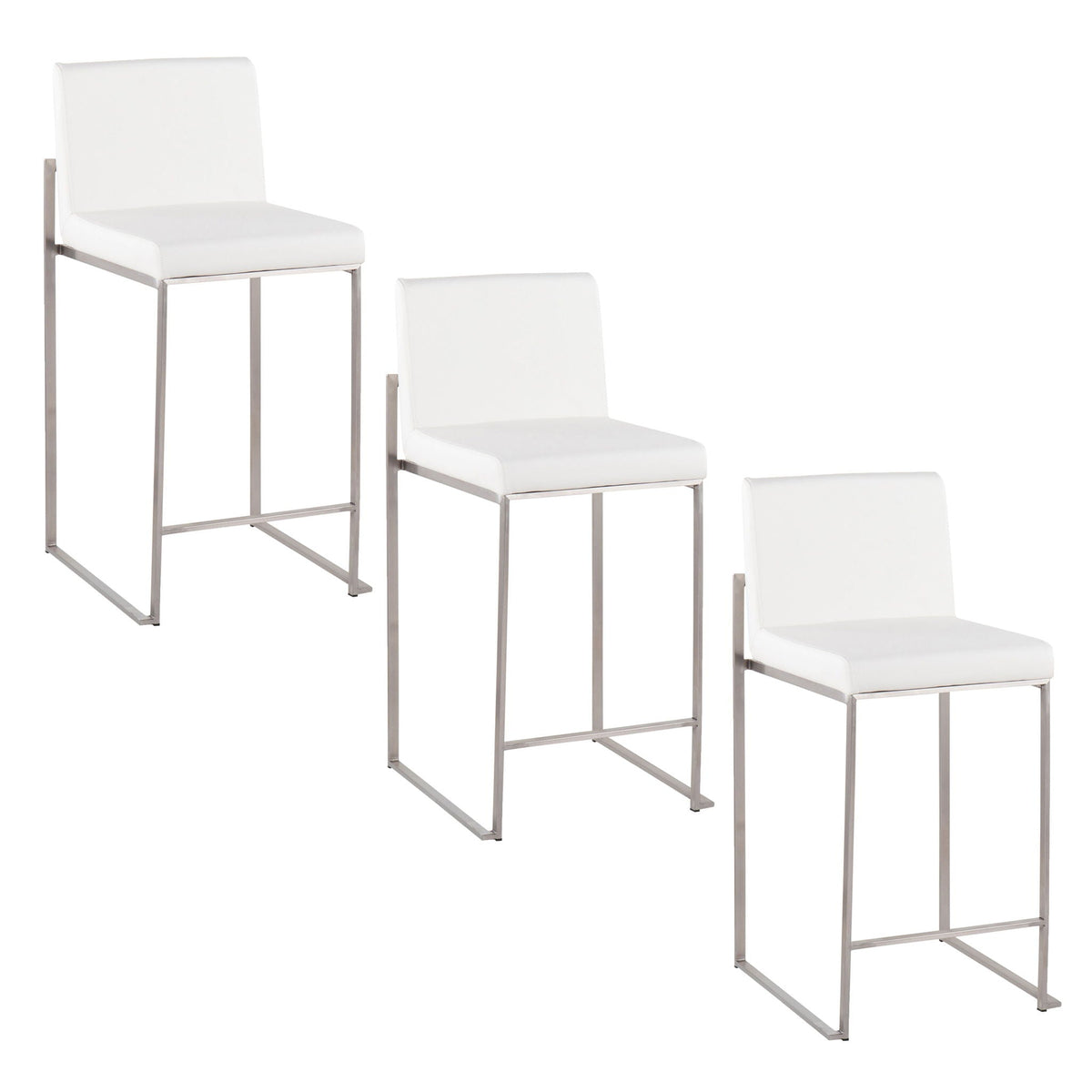 Set of three white padded high-back counter stools with stainless frames HouseOfZazla on Tampa Home & Garden Store