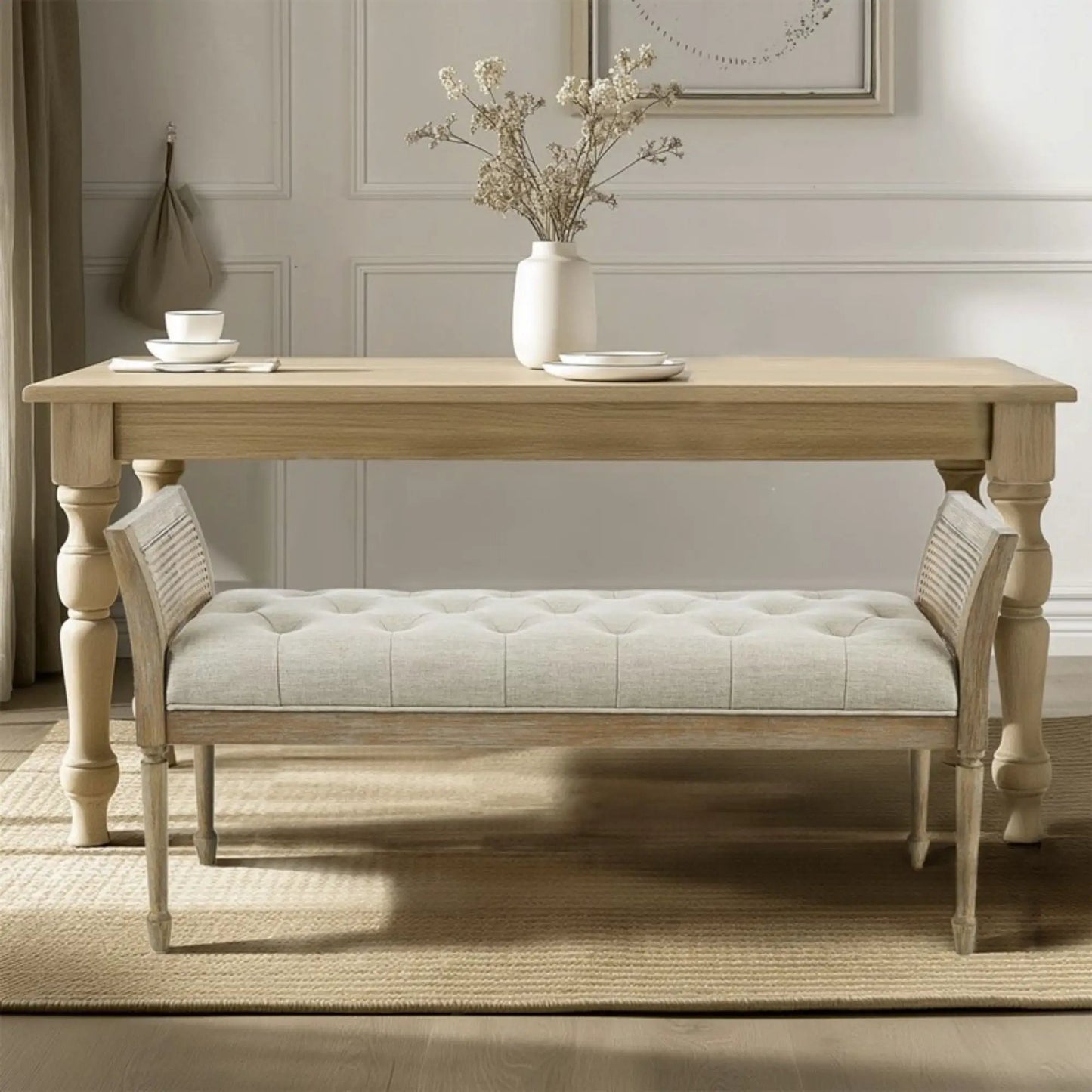 Accent Bench With Arm - Natural wood frame, beige tufted upholstery beside a wood dining table on Tampa Home & Garden Store