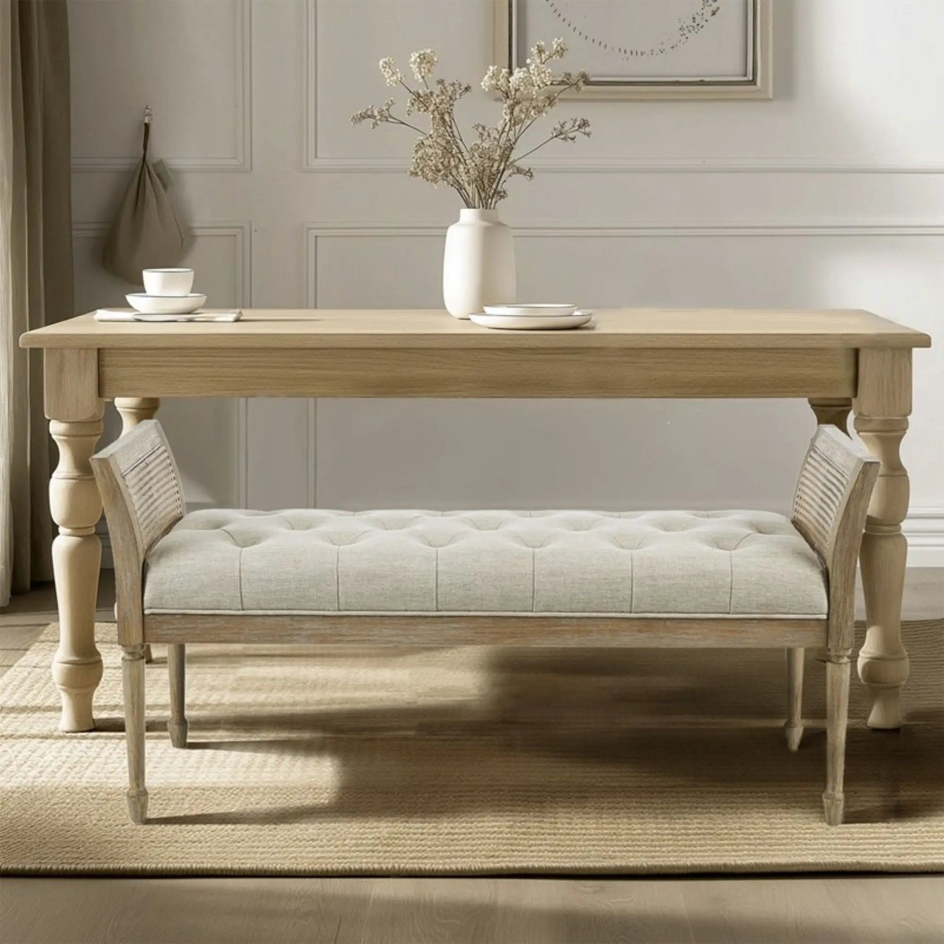 Accent Bench With Arm - Natural wood frame, beige tufted upholstery beside a wood dining table on Tampa Home & Garden Store