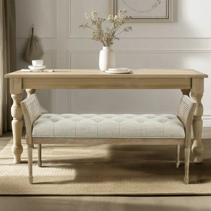 Accent Bench With Arm - Natural wood frame, beige tufted upholstery beside a wood dining table on Tampa Home & Garden Store