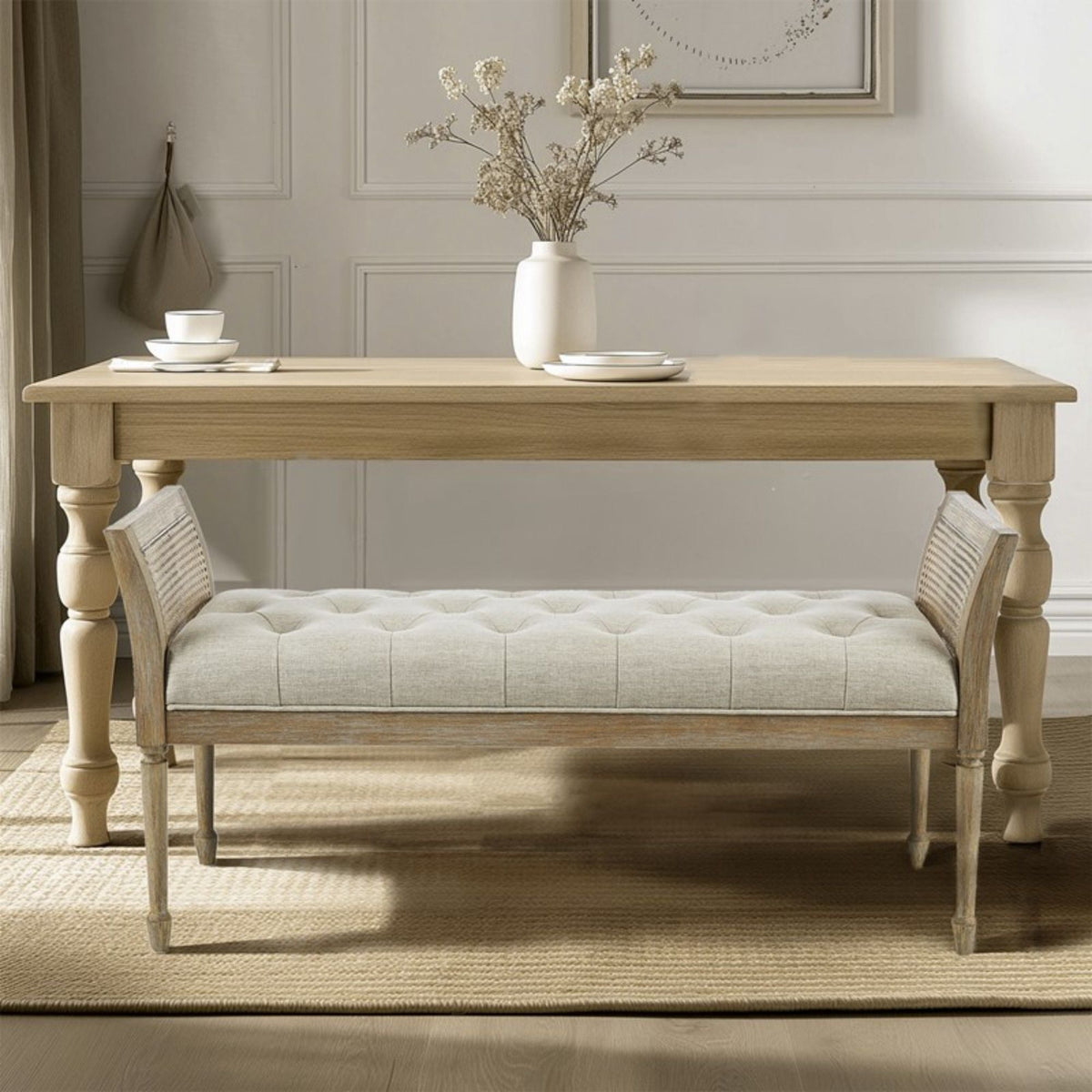 Natural Accent Bench with tufted beige upholstered seat by HouseOfZazla on Tampa Home & Garden Store