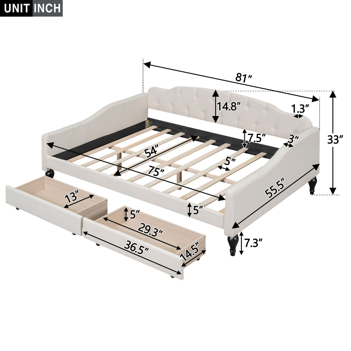 Upholstered tufted daybed in beige fabric with under-bed storage drawers on Tampa Home & Garden Store