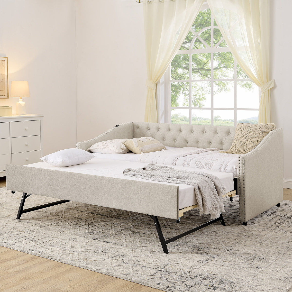 Upholstered daybed in light gray fabric with USB charging and pull-out bed by HouseOfZazla on Tampa Home & Garden Store