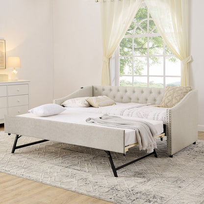 Upholstered daybed in light gray fabric with USB charging and pull-out bed by HouseOfZazla on Tampa Home & Garden Store