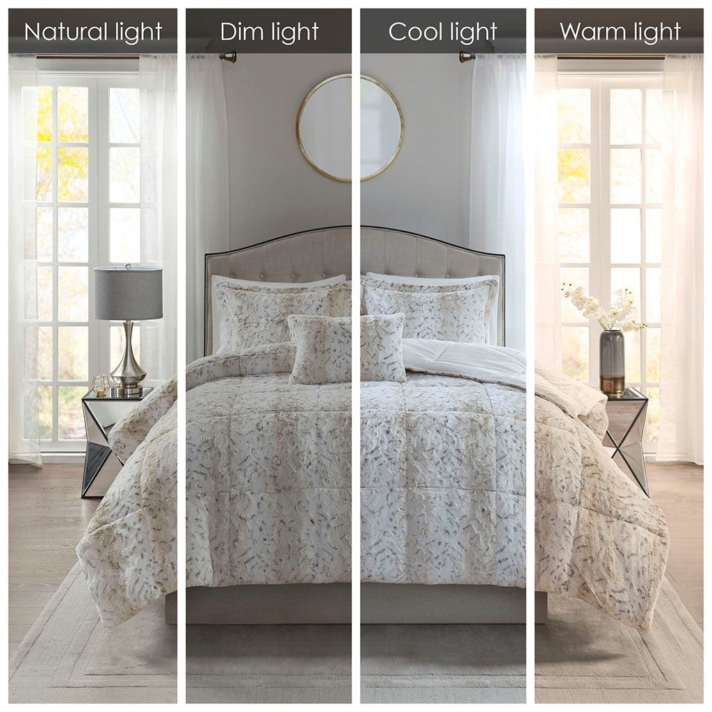 King 4PC Faux Fur Comforter Set in soft beige with matching shams on a tufted bed on Tampa Home & Garden Store