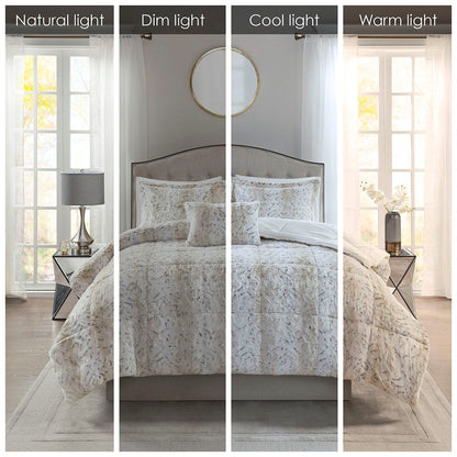King 4PC Faux Fur Comforter Set in soft beige with matching shams on a tufted bed on Tampa Home & Garden Store