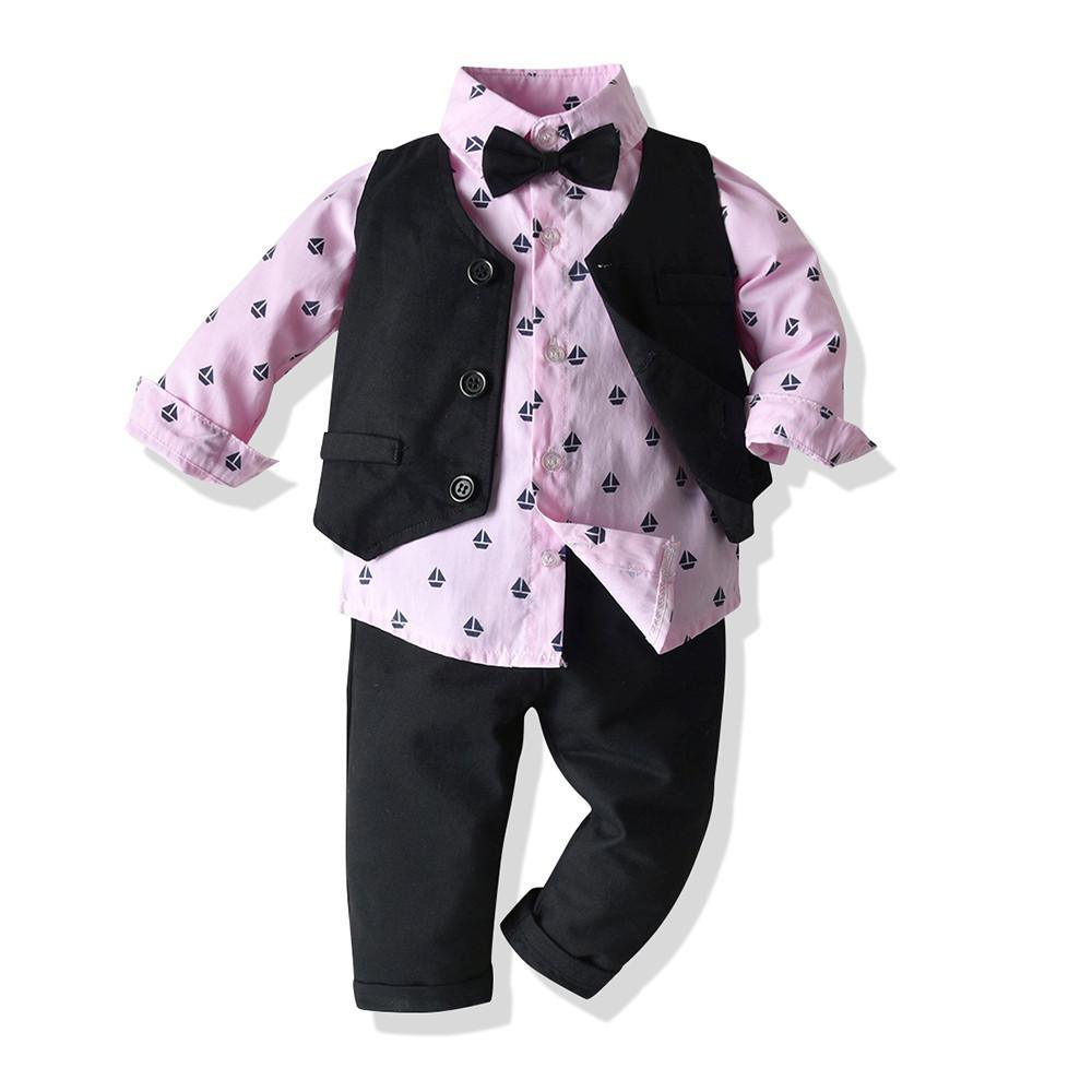 Stevvex baby boy outfit pink sailboat shirt with black vest and pants, bow tie 4-piece set on Tampa Home & Garden Store