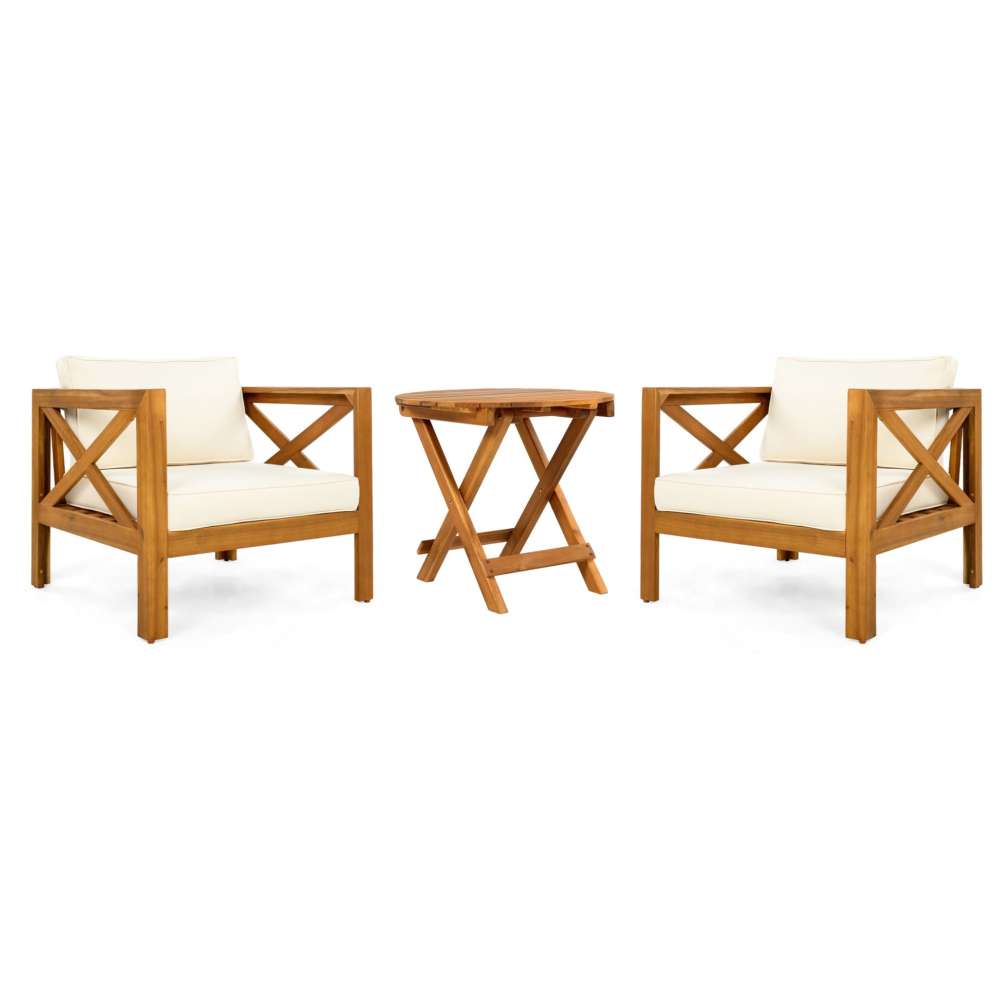 Outdoor club chairs set of 3 with foldable acacia round table and cream cushions HouseOfZazla on Tampa Home & Garden Store