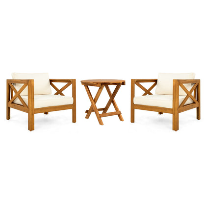 Outdoor club chairs set of 3 with foldable acacia round table and cream cushions HouseOfZazla on Tampa Home & Garden Store