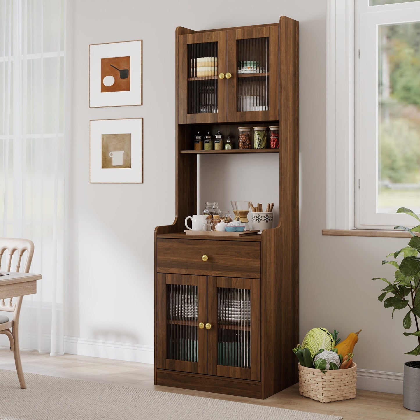 Kitchen pantry hutch storage cabinet farmhouse style in dark walnut wood with ribbed glass doors on Tampa Home & Garden Store