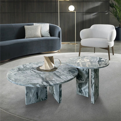 Elegant Coffee Duo Table Set two round blue-gray marble tables with square pedestals on Tampa Home & Garden Store