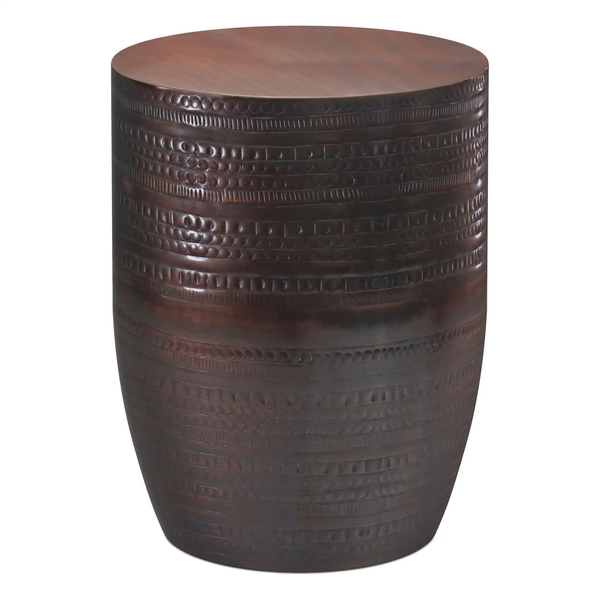 Johnsen Handcrafted Large Metal Accent Table, drum-style dark bronze finish with embossed bands on Tampa Home & Garden Store