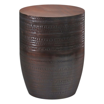 Johnsen Handcrafted Large Metal Accent Table, drum-style dark bronze finish with embossed bands on Tampa Home & Garden Store