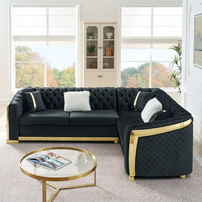 L-Shaped Chesterfield stationary sectional sofa in black tufted leather with stainless steel accents on Tampa Home & Garden Store