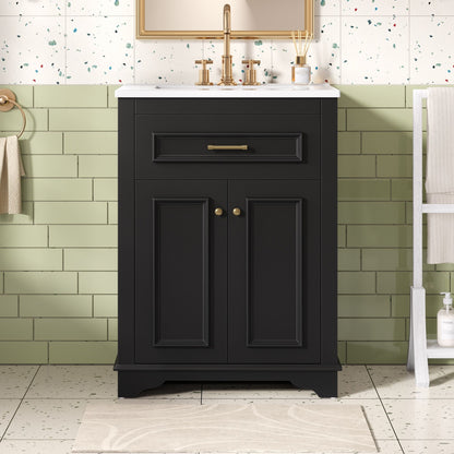 Bathroom vanity with integrated sink and storage in black with white sink and gold hardware on Tampa Home & Garden Store