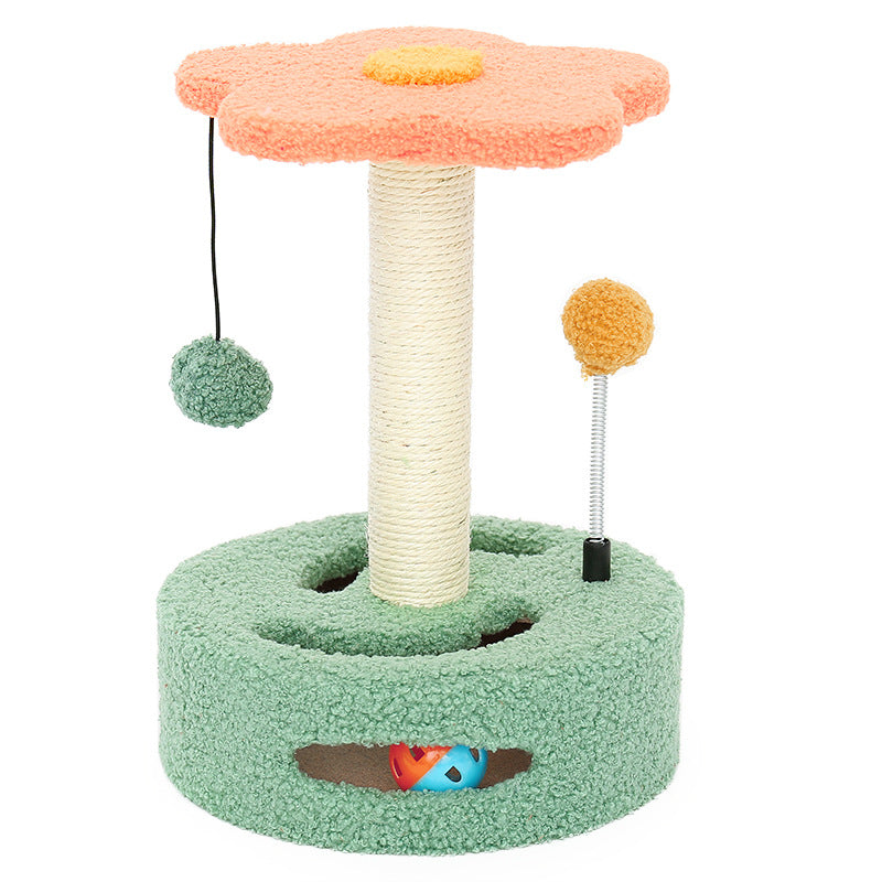 Cat scratch post with green base beige sisal column coral top and two hanging pom-poms on Tampa Home & Garden Store