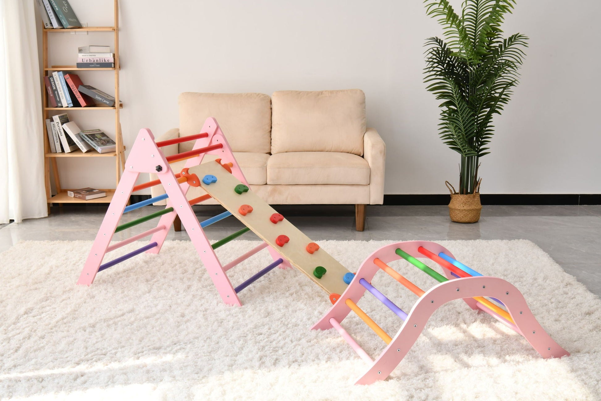 Gardenia Pikler Triangle Set pink frame with multicolor rungs 2-piece Montessori climbing toy on Tampa Home & Garden Store