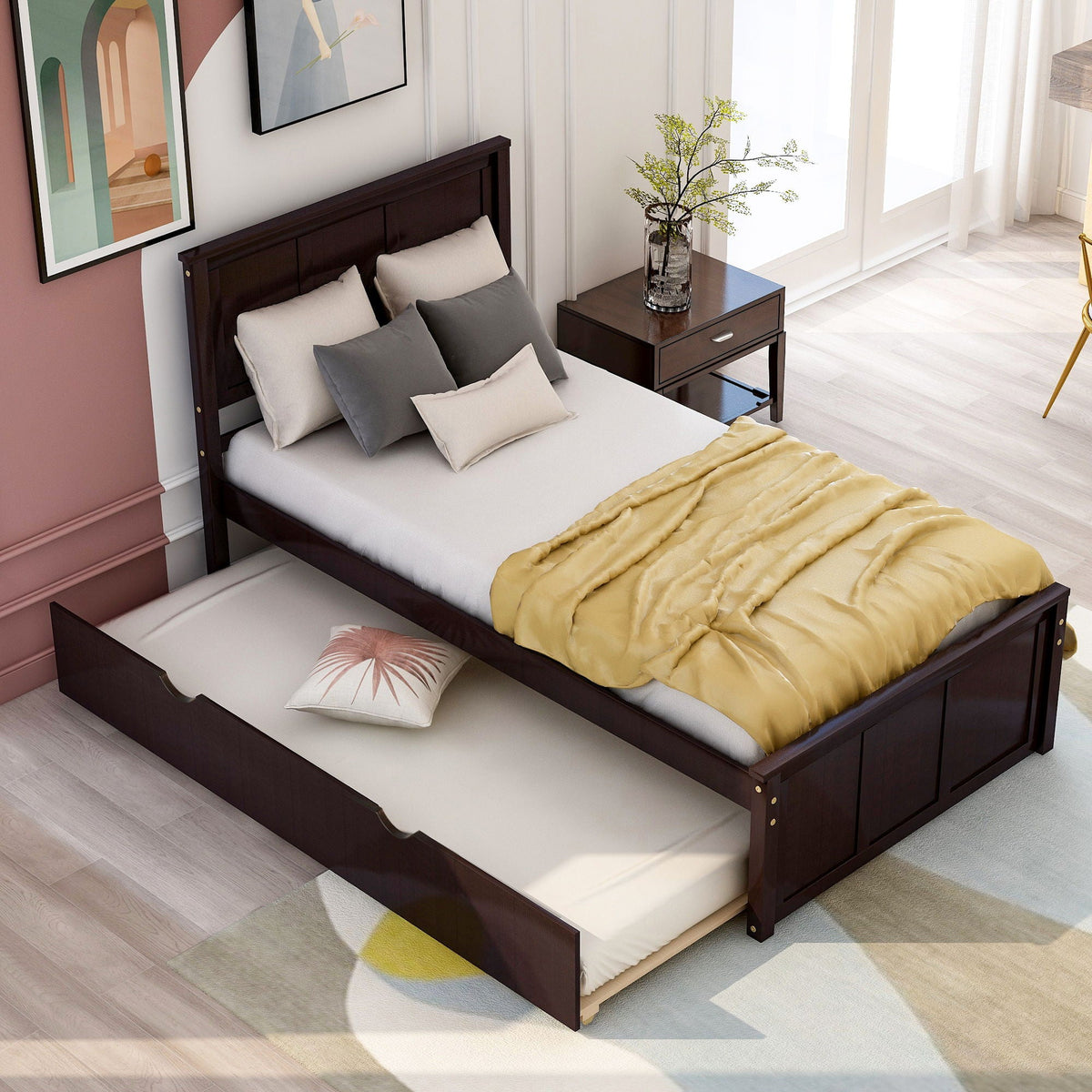 Platform bed with twin trundle in espresso finish, wooden frame and two twin mattresses on Tampa Home & Garden Store