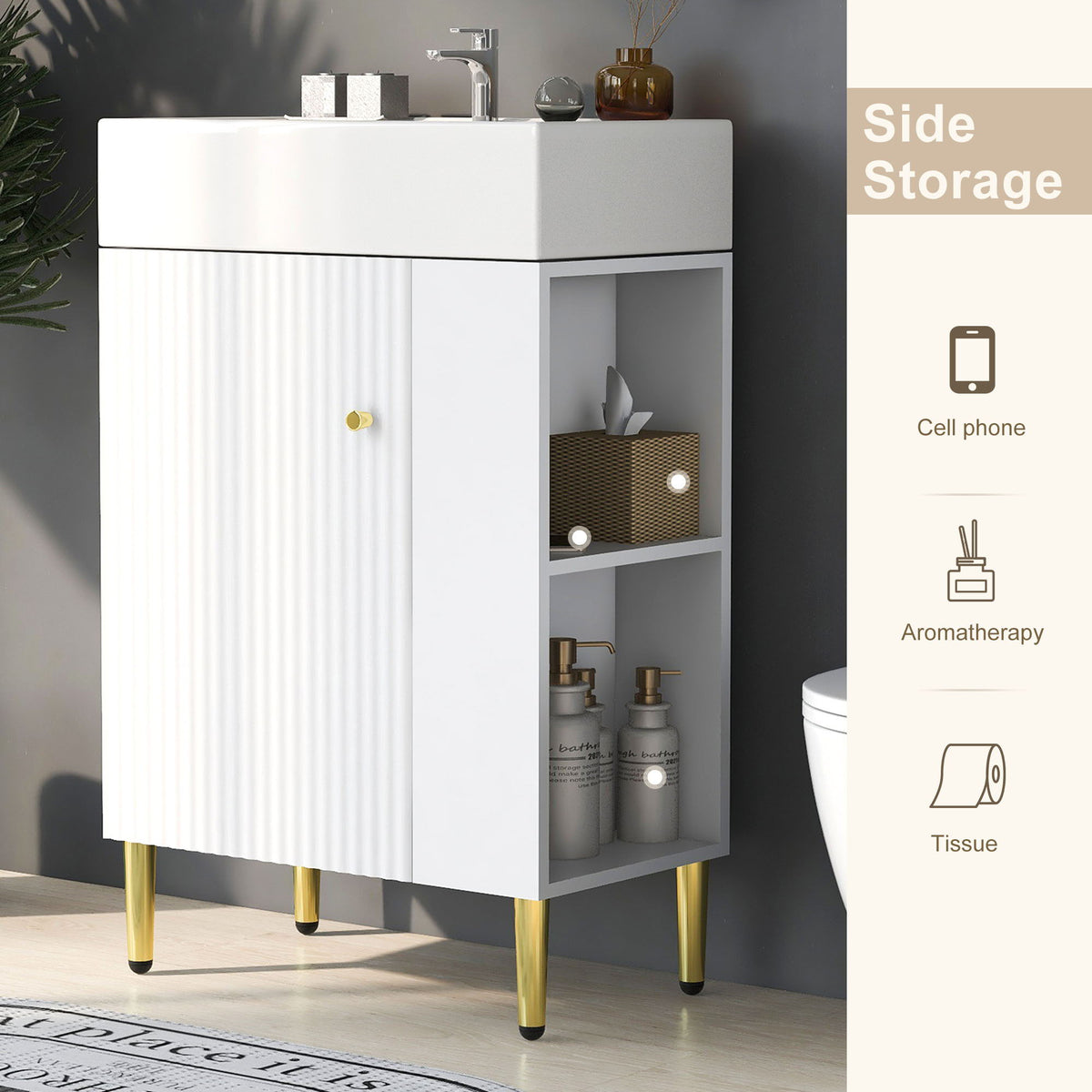 White bathroom vanity with single ceramic sink, ribbed door and open shelf by HouseOfZazla on Tampa Home & Garden Store