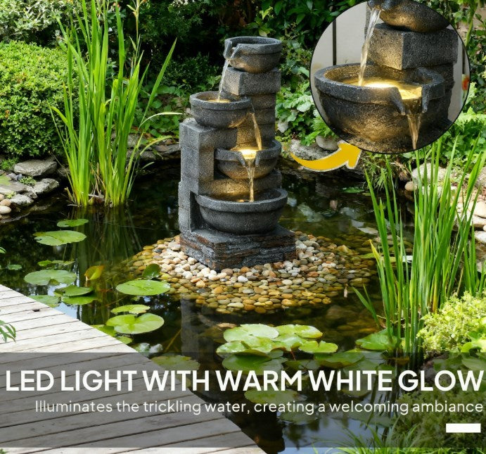 Garden Fountain outdoor waterfall with warm white LED lights, stone tiers, by HouseOfZazla on Tampa Home & Garden Store