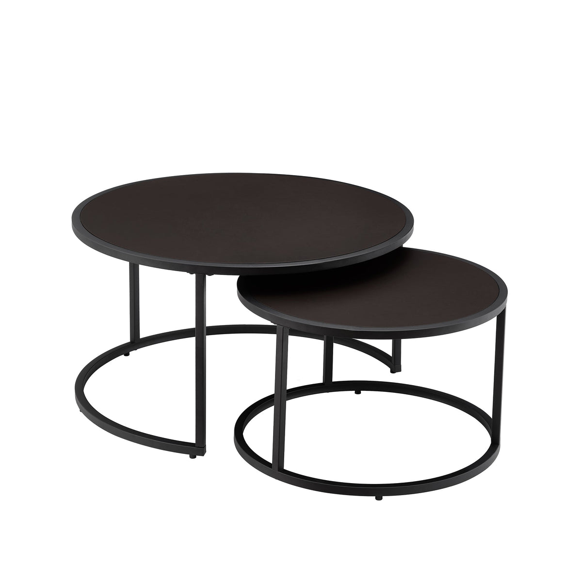2 round nesting coffee tables dark brown faux leather with black metal frames HouseOfZazla on Tampa Home & Garden Store