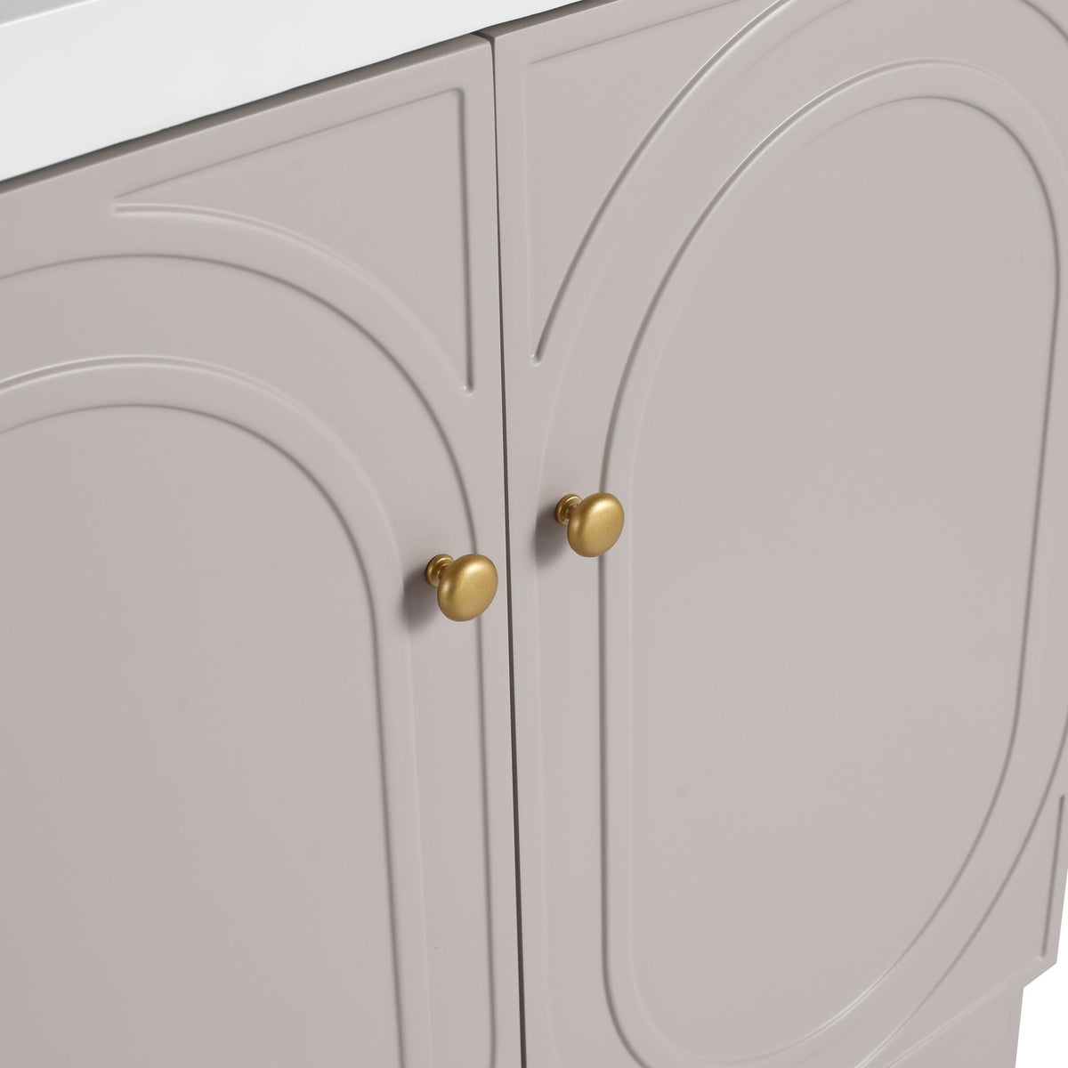 Freestanding bathroom vanity with two gray doors, arched panel details, and gold knobs on Tampa Home & Garden Store