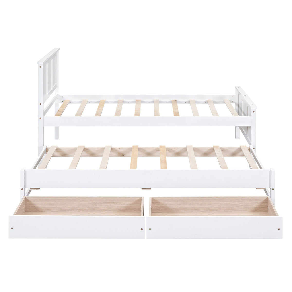 White platform bed frame with slatted base and two natural wood under-bed drawers on Tampa Home & Garden Store
