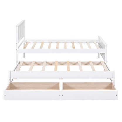 White platform bed frame with slatted base and two natural wood under-bed drawers on Tampa Home & Garden Store