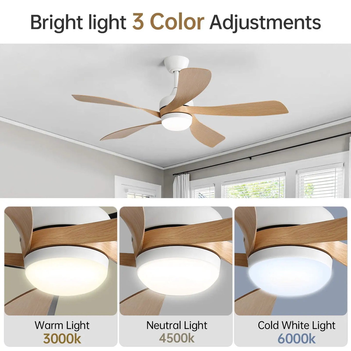 Ceiling fan with DC motor and integrated light, 5 wood blades, white housing, Unique Piece Furniture on Tampa Home & Garden Store