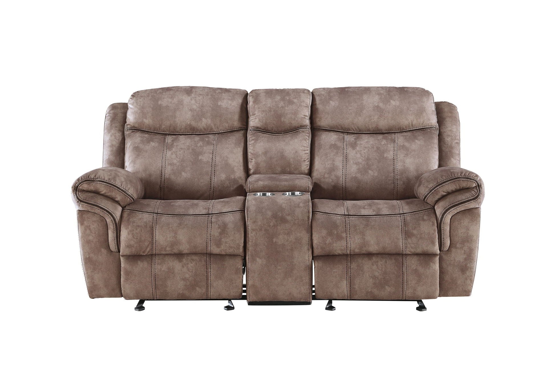 Zubaida two-tone recliner loveseat with cup holders in brown fabric on Tampa Home & Garden Store
