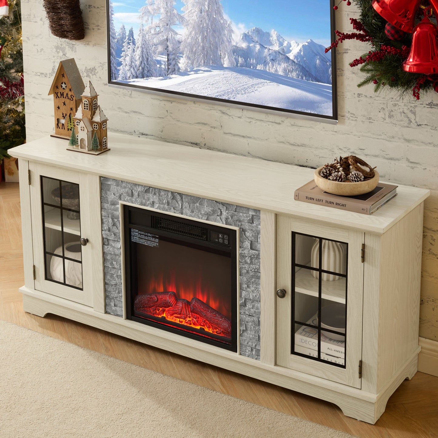 58-inch modern TV stand with electric fireplace and storage in light wood by HouseOfZazla on Tampa Home & Garden Store