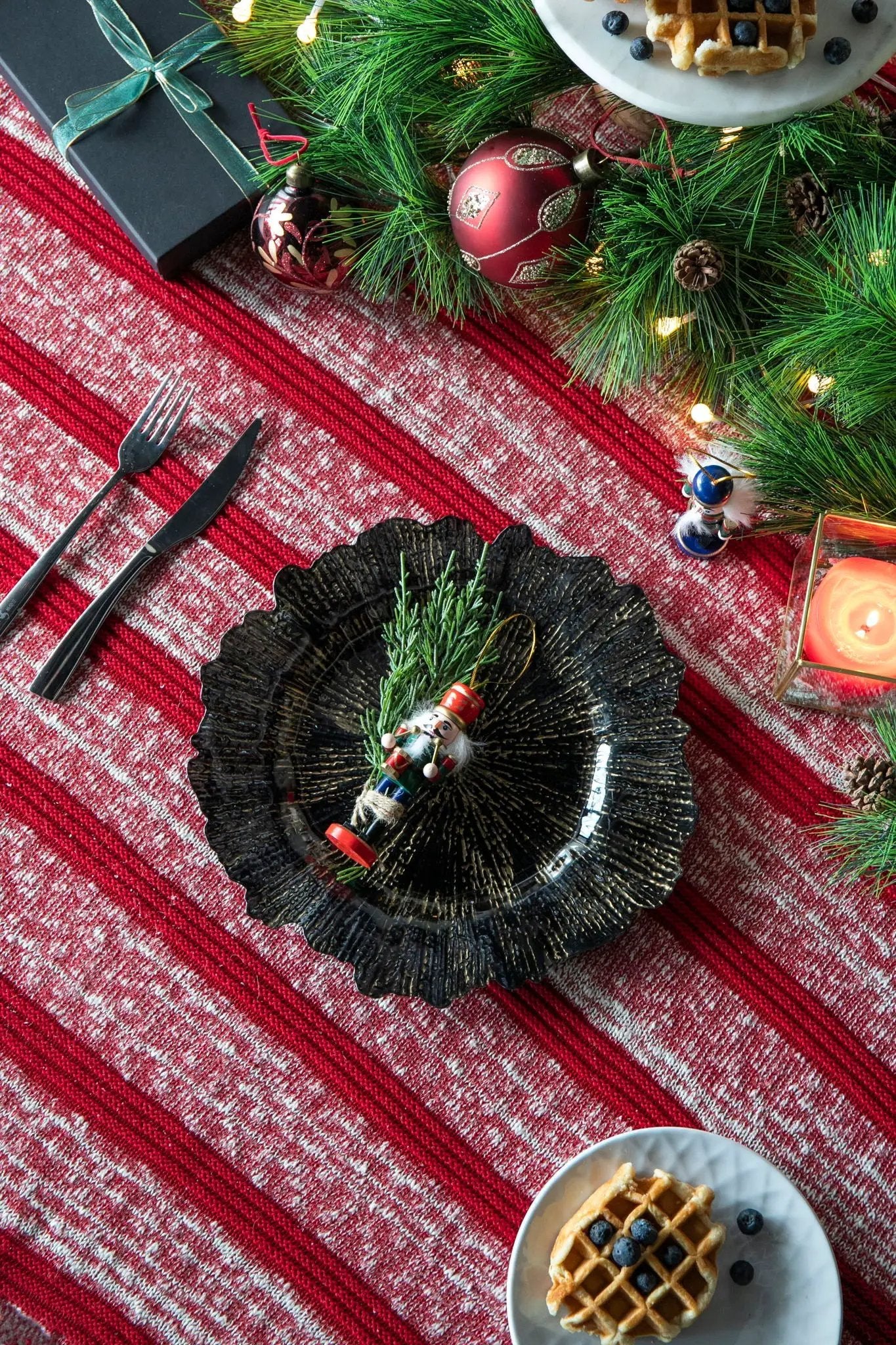 Black plastic charger plates set of 8 with textured scalloped edges by Unique Piece Furniture on Tampa Home & Garden Store