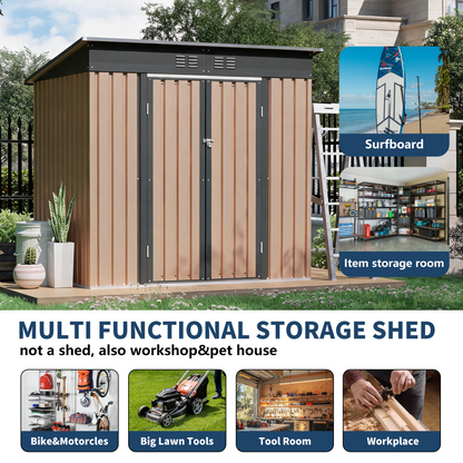 6x4 ft metal shed with hinge doors and pent roof, beige panels with dark gray trim HouseOfZazla on Tampa Home & Garden Store