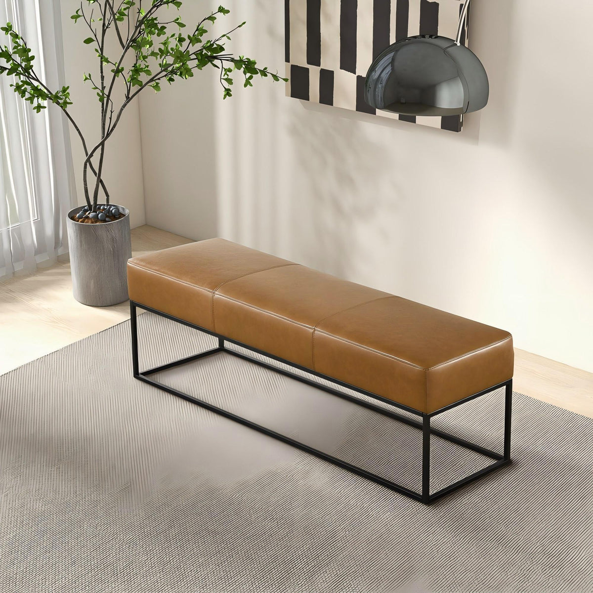Odessa Bench Tan upholstered seating with black metal base by HouseOfZazla on Tampa Home & Garden Store