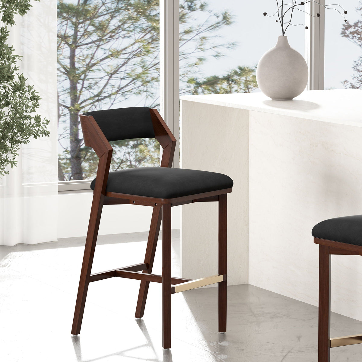 Bar Height Barstool with Backrest by HouseOfZazla, dark wood frame, black cushion on Tampa Home & Garden Store
