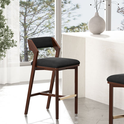 Bar Height Barstool with Backrest by HouseOfZazla, dark wood frame, black cushion on Tampa Home & Garden Store