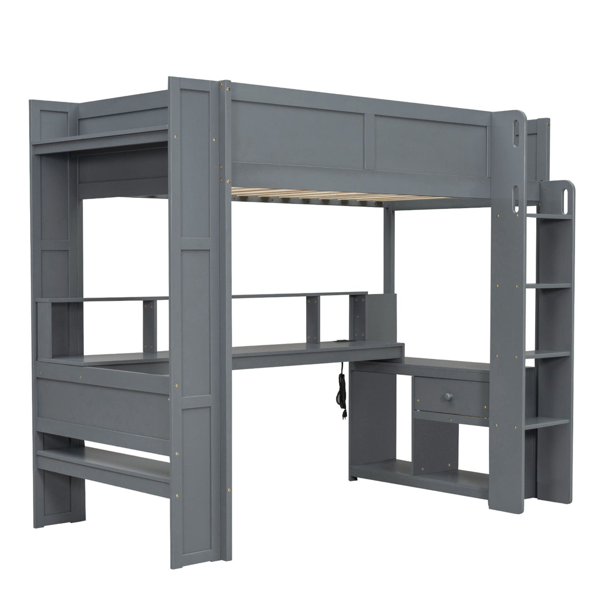 Gaming loft bed with desk by HouseOfZazla, gray finish, built-in storage shelves and ladder on Tampa Home & Garden Store