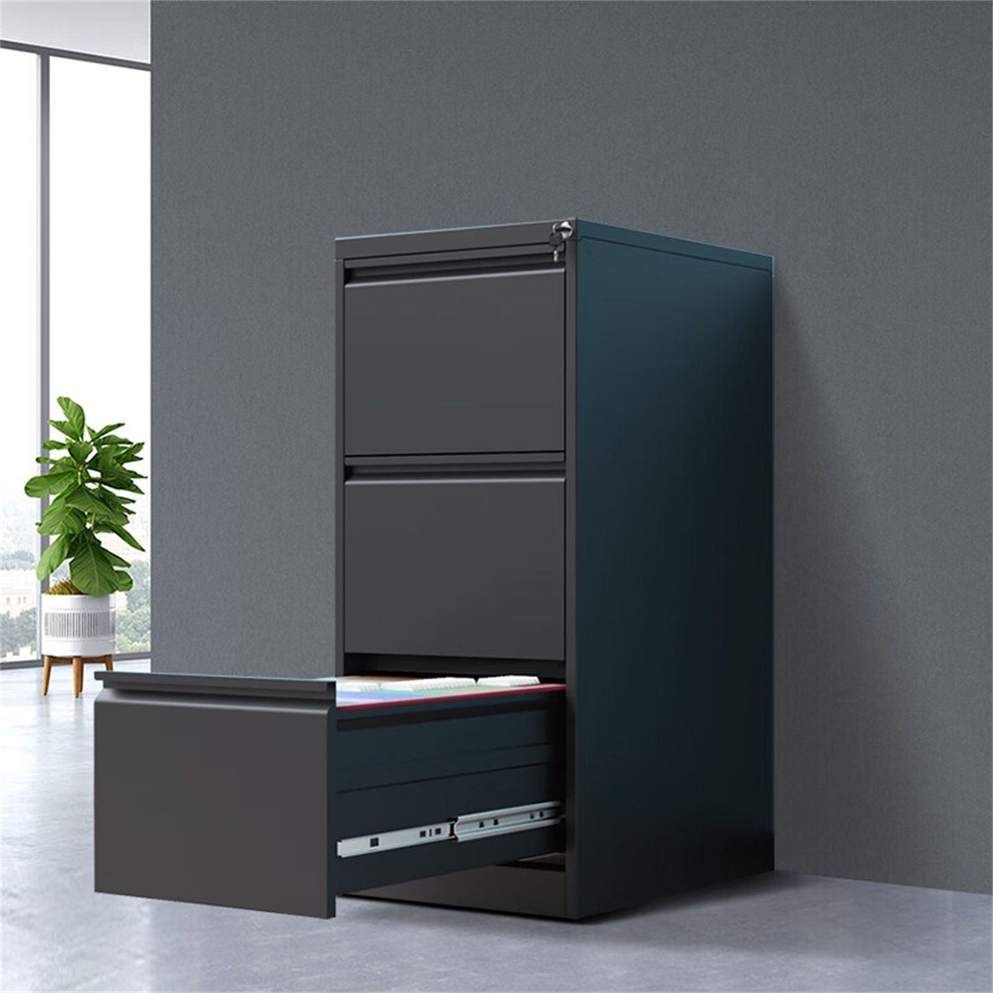 Durable metal 3-drawer file cabinet with lock for office storage in dark gray finish on Tampa Home & Garden Store