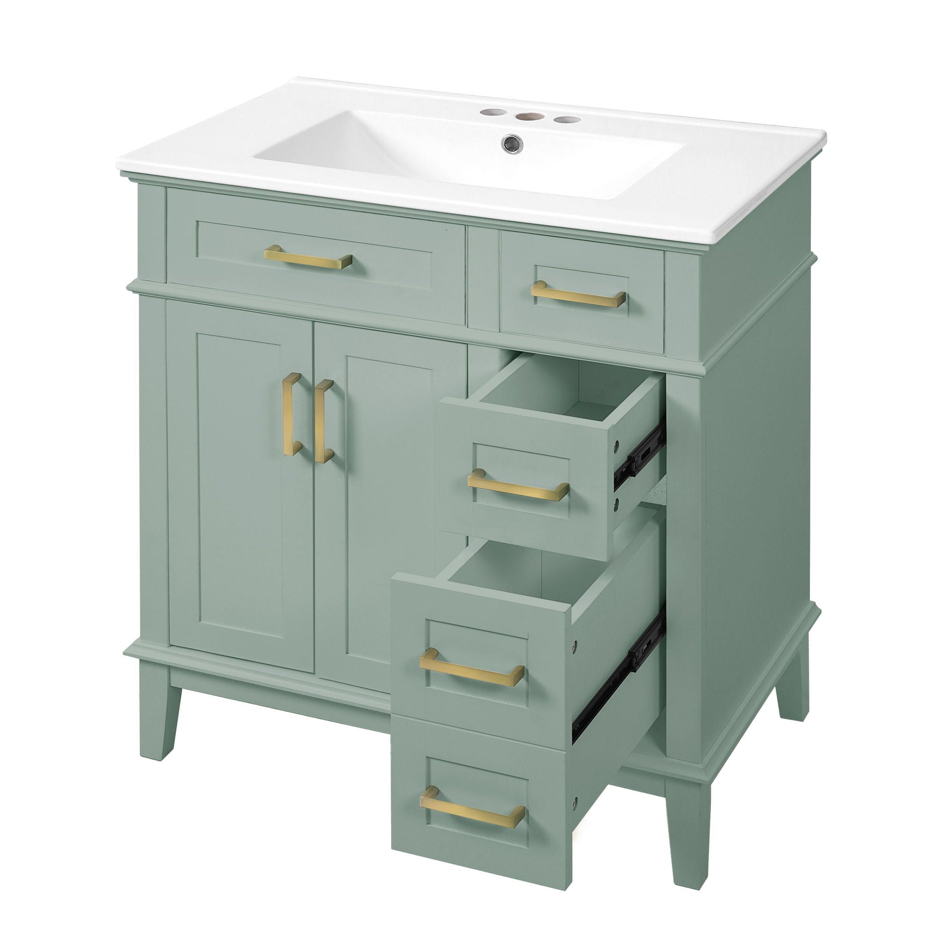 Modern vanity with sink, sage green cabinet, gold hardware, deep & standard drawers on Tampa Home & Garden Store